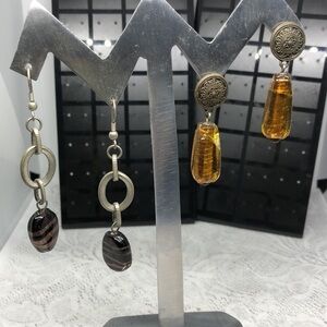 Bundle lot 2 vintage art glass dangle drop statement long earrings boho dressy.